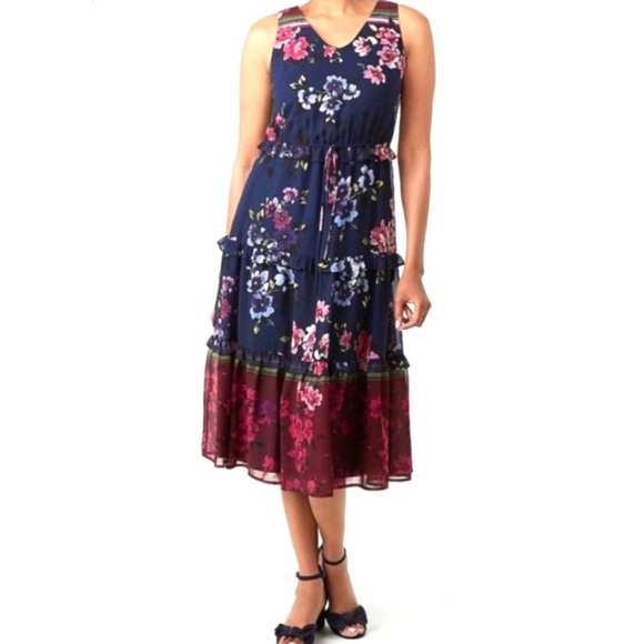 Roz & Ali | Floral Tiered Hem Chiffon Midi Dress - Picture 1 of 10